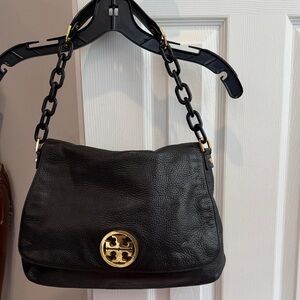 Tory Burch Black Leather Shoulder Bag with Gold Logo